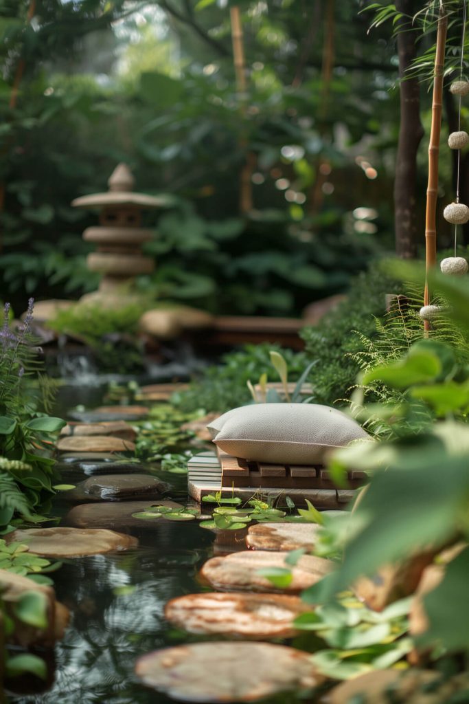 A simple garden corner with a meditation bench and calming plants.