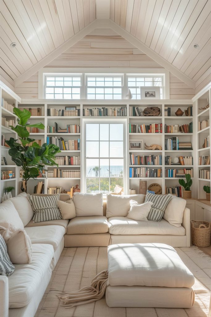 Light, airy shelves and coastal decor create a fresh, beach-inspired library space.