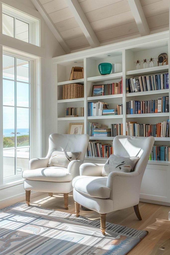 Light, airy shelves and coastal decor create a fresh, beach-inspired library space.