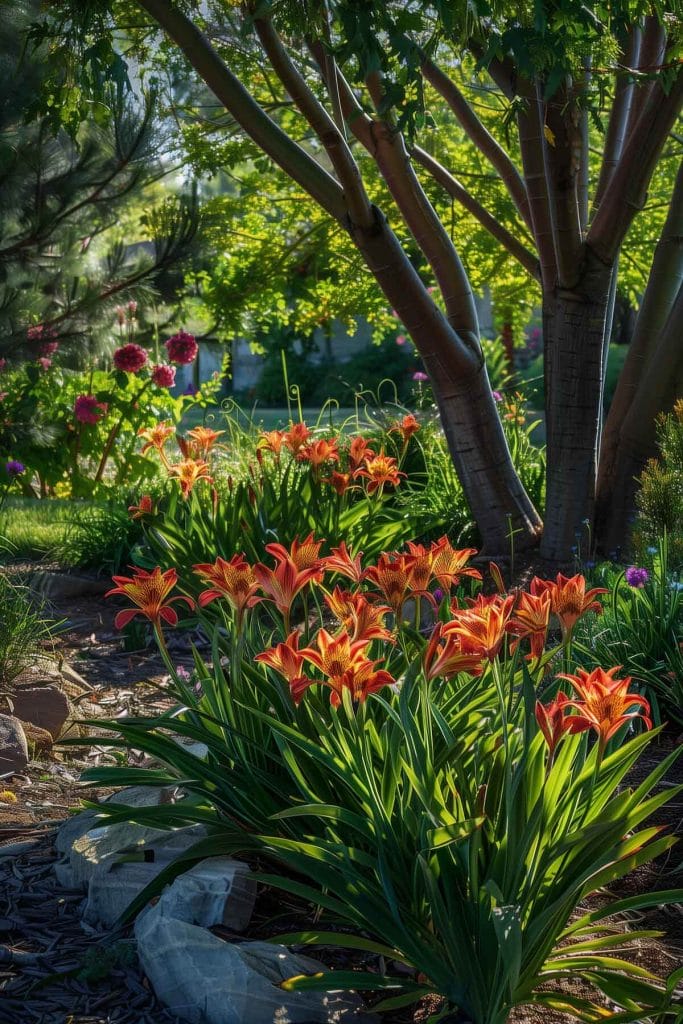 Exotic, lily-like alstroemeria flowers in yellow, orange, and red blooming in a sunny to partially shaded garden.