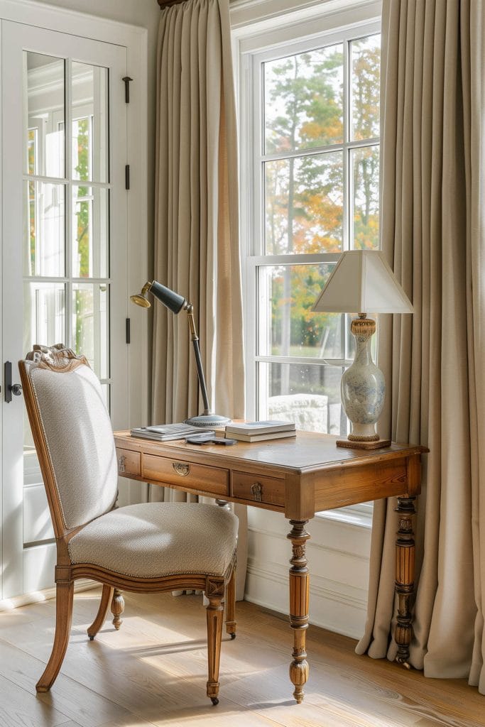 An antique writing desk providing a quaint workspace in a bedroom.