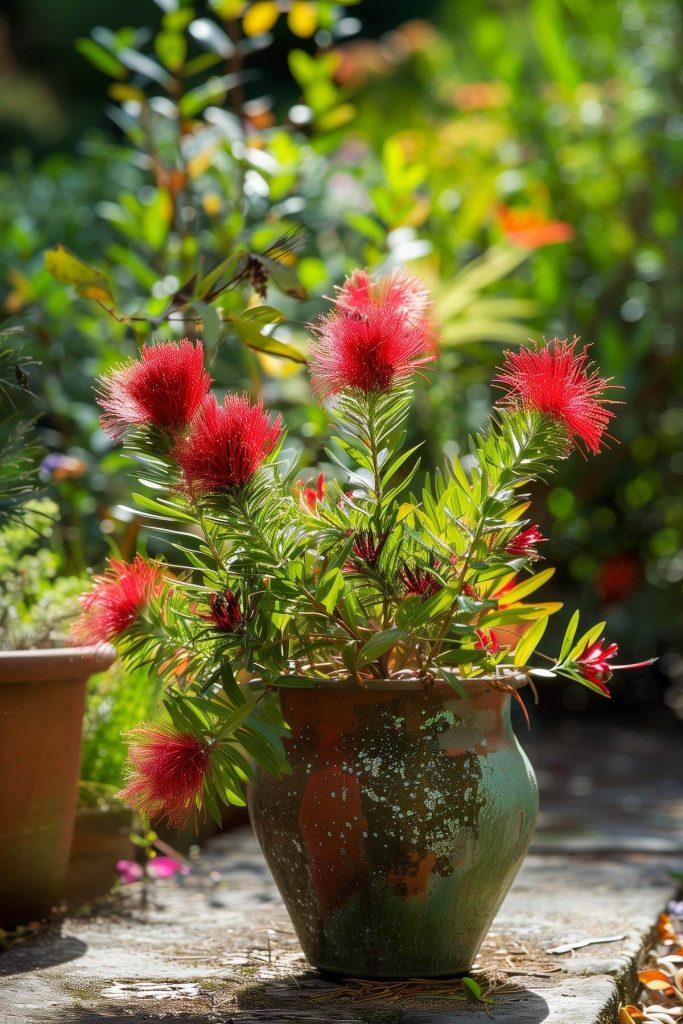 Bright red, bottlebrush-shaped flowers of bottlebrush blooming in a sunlit garden.