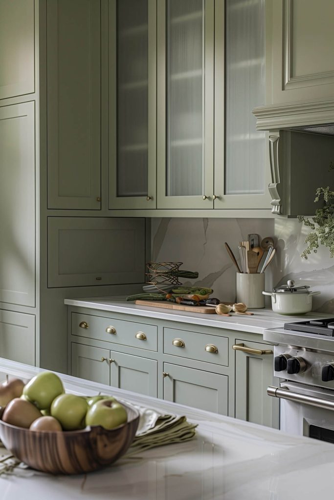 Sage green cabinets with frosted glass panels in a sleek, modern kitchen.