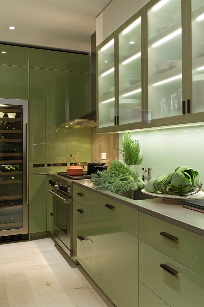 Sage green cabinets with frosted glass panels in a sleek, modern kitchen.