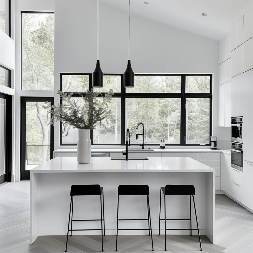 Sleek all-white kitchen emphasizing minimalist design.