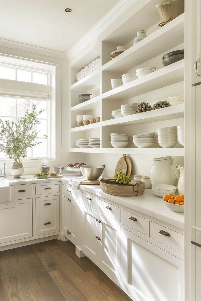 Airy white kitchen cabinets with a combination of open and closed shelving.
