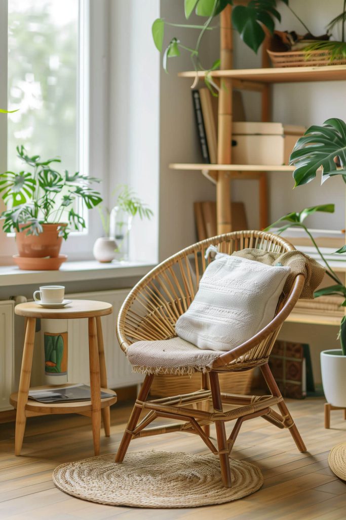 Sustainable materials like bamboo shelves and plenty of plants make this a green, eco-friendly library.