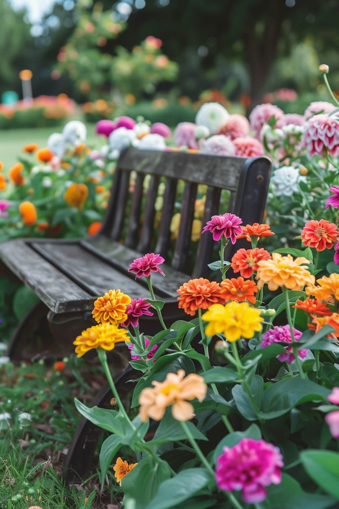 A garden corner filled with seasonal flowers in bright colors.