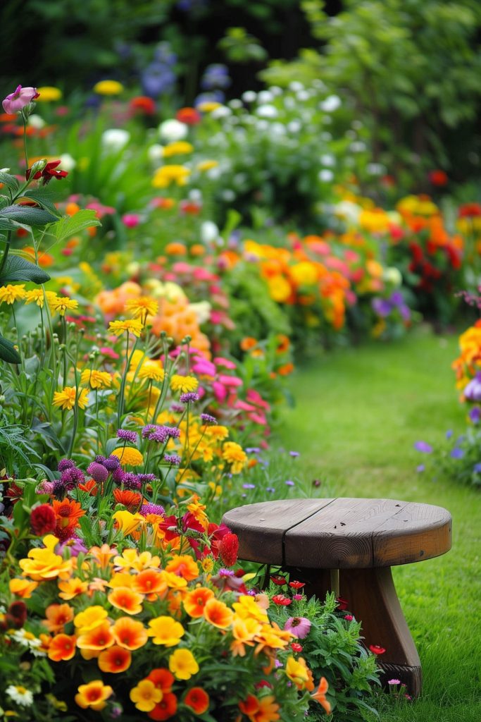 A garden corner filled with seasonal flowers in bright colors.