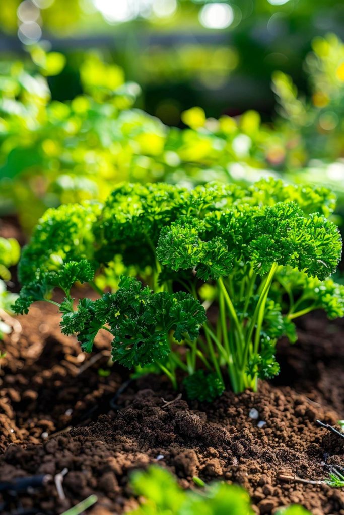 A parsley plant with curly green leaves, growing in a rich, well-maintained garden bed.