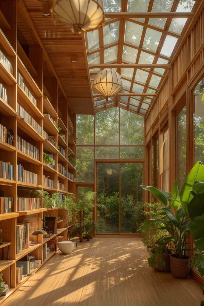 Sustainable materials like bamboo shelves and plenty of plants make this a green, eco-friendly library.