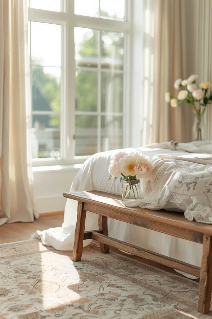 A farmhouse-style bench at the end of the bed providing extra seating in a bedroom.