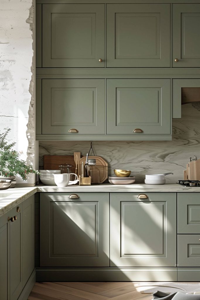 Sage green cabinets blended with gray accents in a contemporary kitchen.