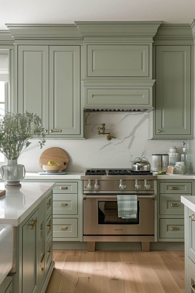 : Sage green cabinets blended with gray accents in a contemporary kitchen. 