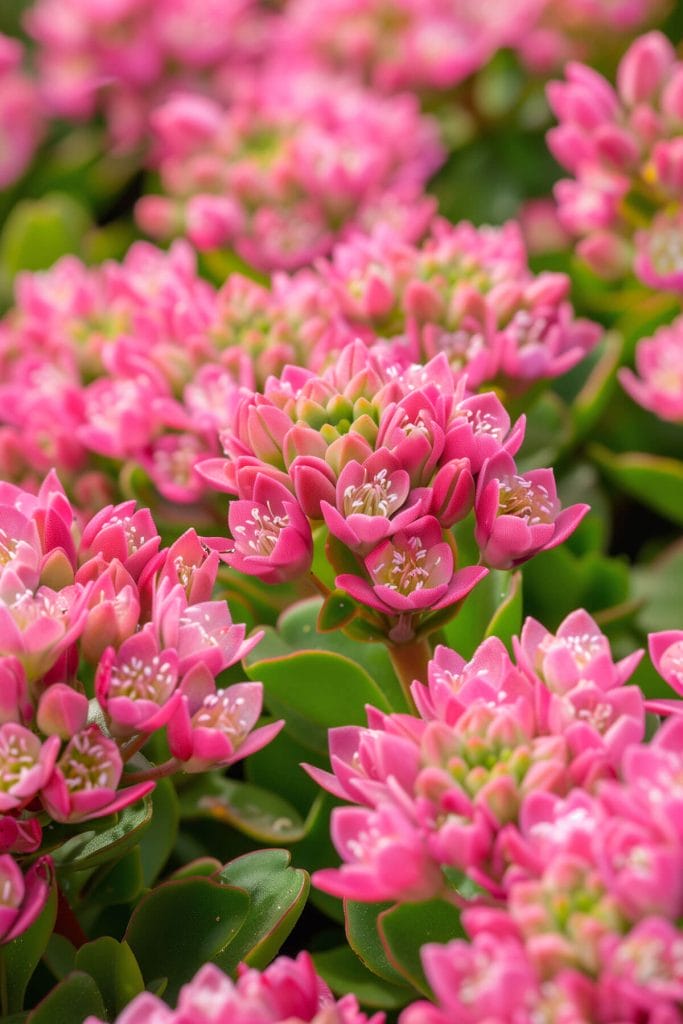 Succulent foliage and clusters of star-shaped sedum flowers in pink, and white blooming in a sunny, well-drained garden.