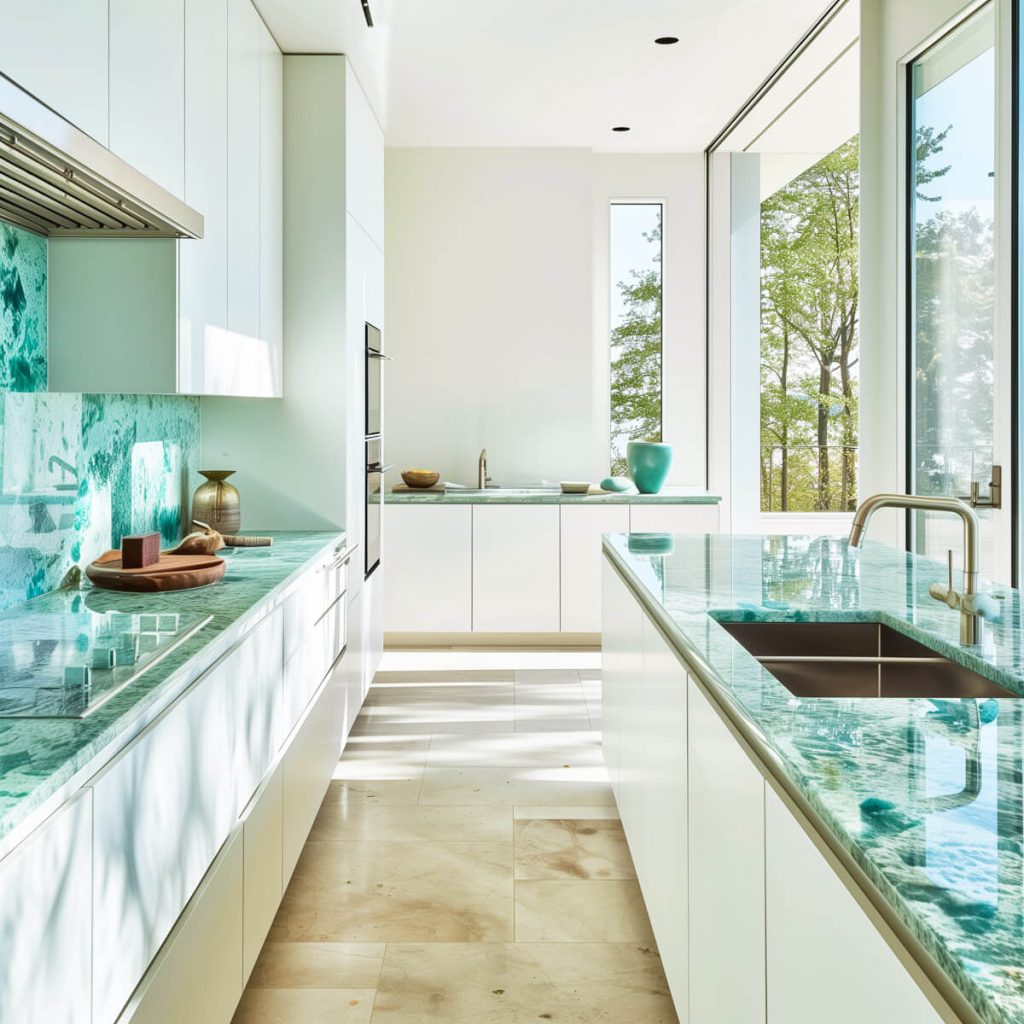 White kitchen cabinets showcasing a striking granite countertop with natural patterns.