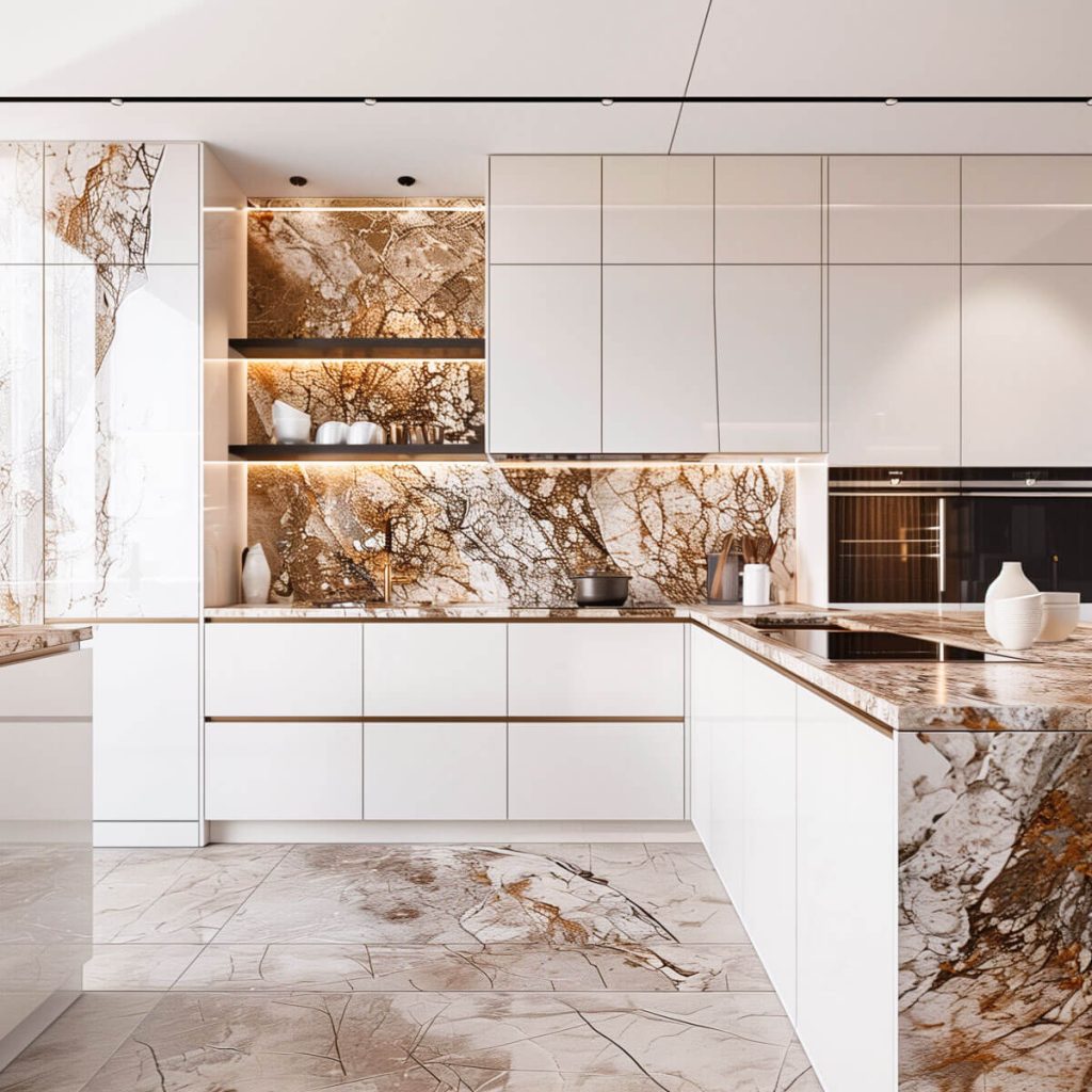 White kitchen cabinets showcasing a striking granite countertop with natural patterns.
