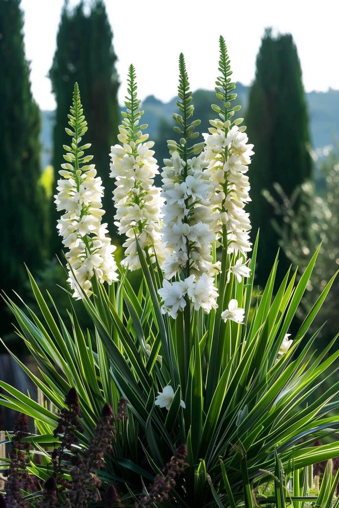 Tall spikes of white yucca flowers and sword-shaped leaves in a sunlit desert landscape.