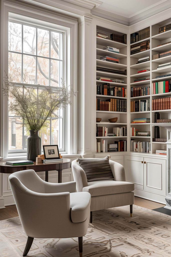 Custom built-in shelves perfectly fitting the space for a seamless and integrated library look.