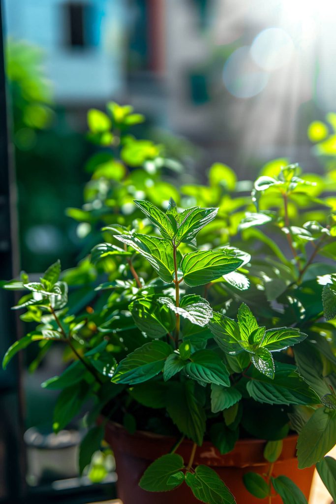 A peppermint plant with dark green leaves, growing in a container on a sunny patio.