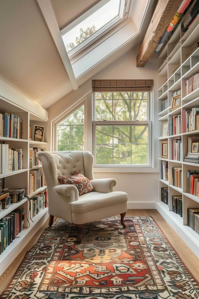 A bright library nook with a cozy reading chair positioned under a skylight, surrounded by bookshelves filled with books.