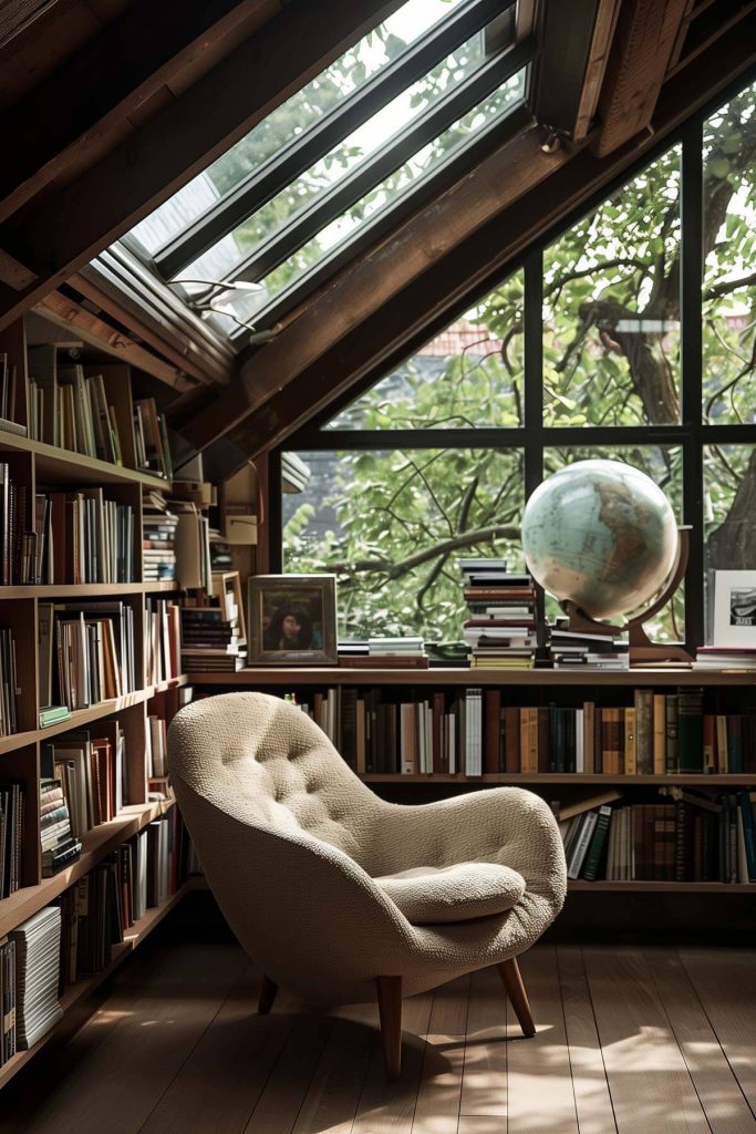 A bright library nook with a cozy reading chair positioned under a skylight, surrounded by bookshelves filled with books.