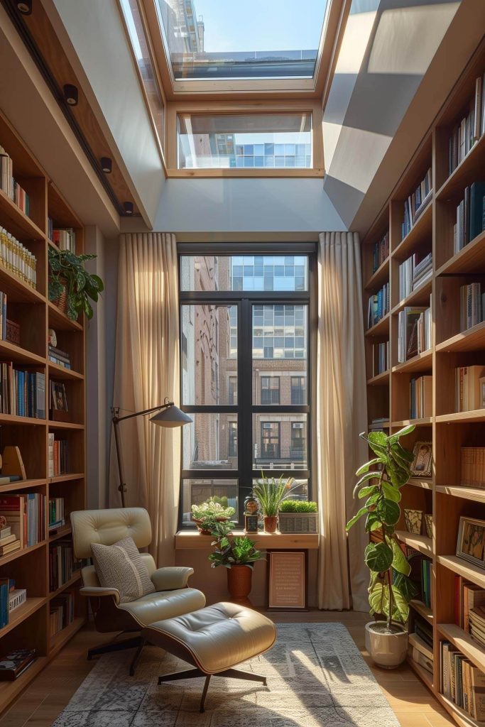 A bright library nook with a cozy reading chair positioned under a skylight, surrounded by bookshelves filled with books.