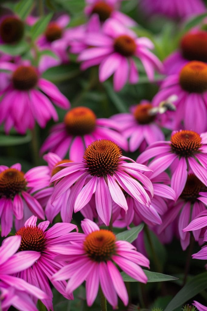 Purple coneflowers with prominent central cones blooming in a sunny garden, attracting pollinators like bees and butterflies.