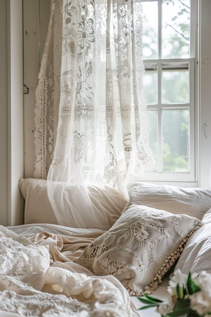 A bedroom with lace curtains letting in soft, diffused light and creating a romantic ambiance.