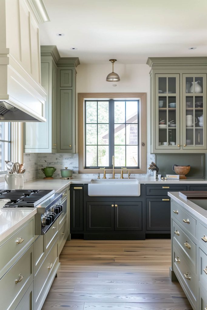 Sage green cabinets paired with darker-colored cabinets in a duo-tone kitchen design.