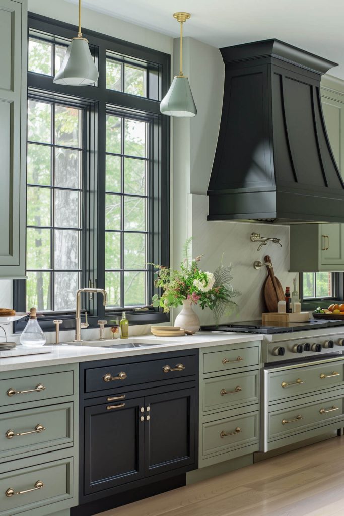 Sage green cabinets paired with darker-colored cabinets in a duo-tone kitchen design.