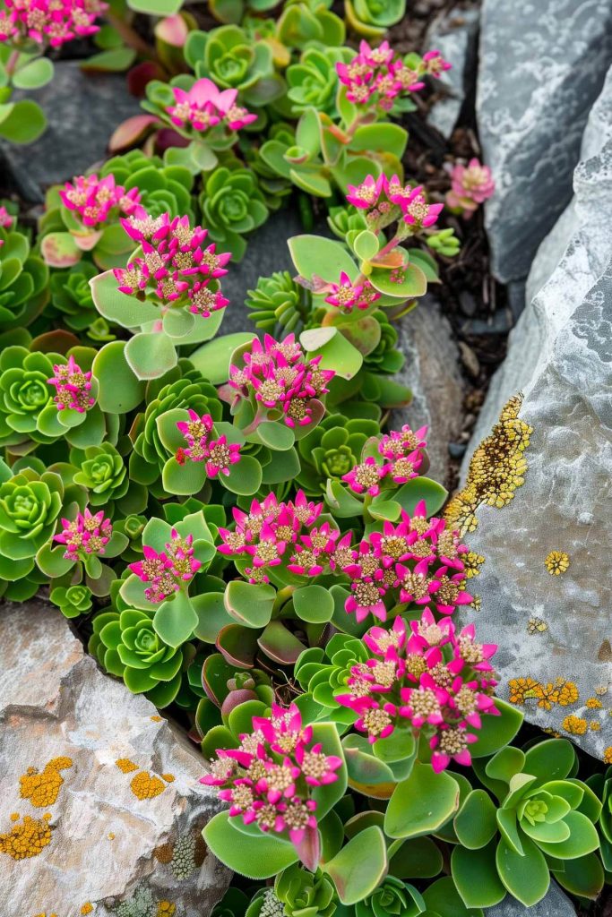 Sedum plants with fleshy green leaves and pink star-shaped flowers in a rocky garden.