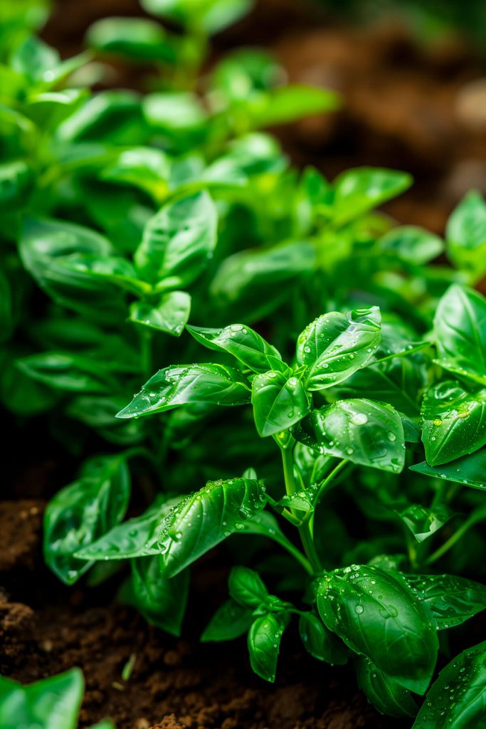 A thriving basil plant with lush green leaves in a well-tended garden bed, with morning dew glistening on the leaves.