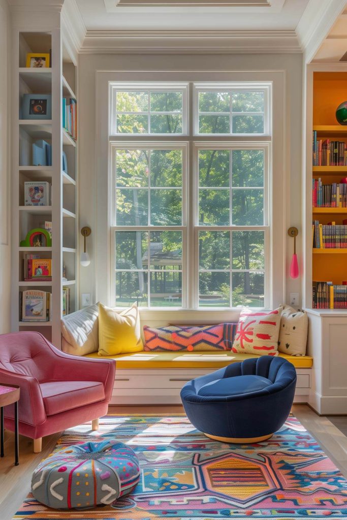 Inviting children's book nook with colorful shelves, playful decor, and comfortable seating.