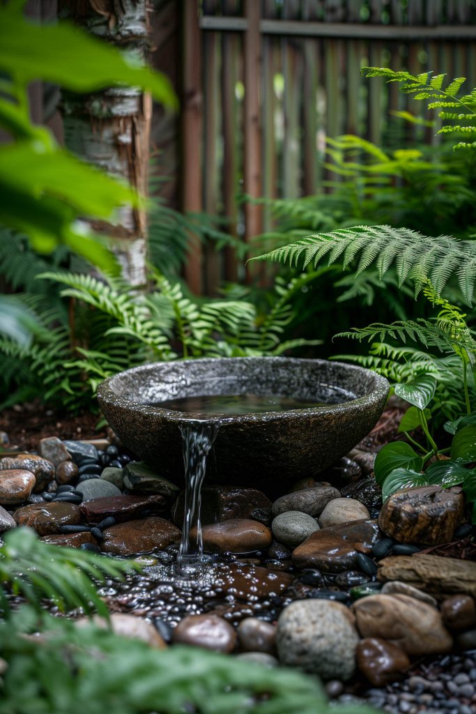 A tranquil garden corner with a stone fountain surrounded by lush ferns and hostas.