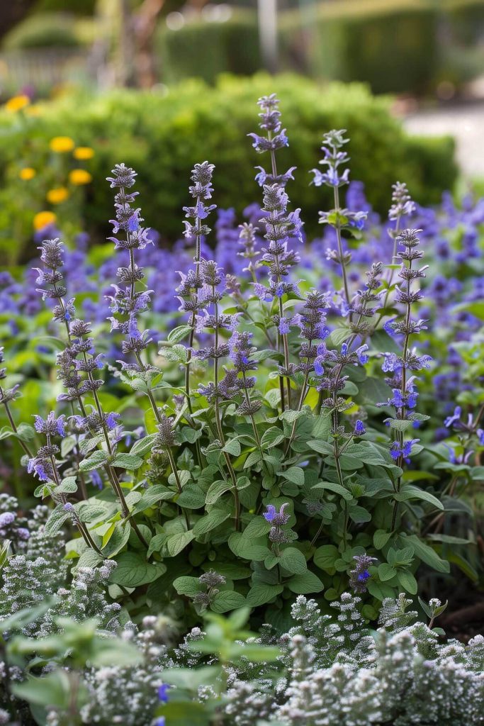 Spikes of blue or purple catmint flowers and fragrant foliage in a sunlit garden.