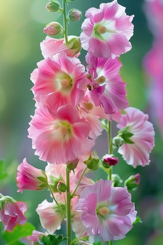 Tall spikes of large, colorful hollyhock flowers in pink, and white, blooming in a sunny garden, adding vertical charm.