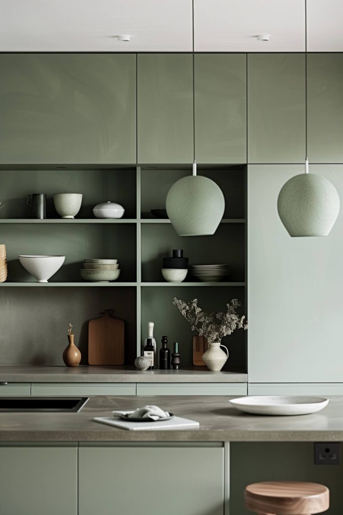 A monochrome kitchen featuring different shades of sage green throughout the cabinets, walls, and accessories.