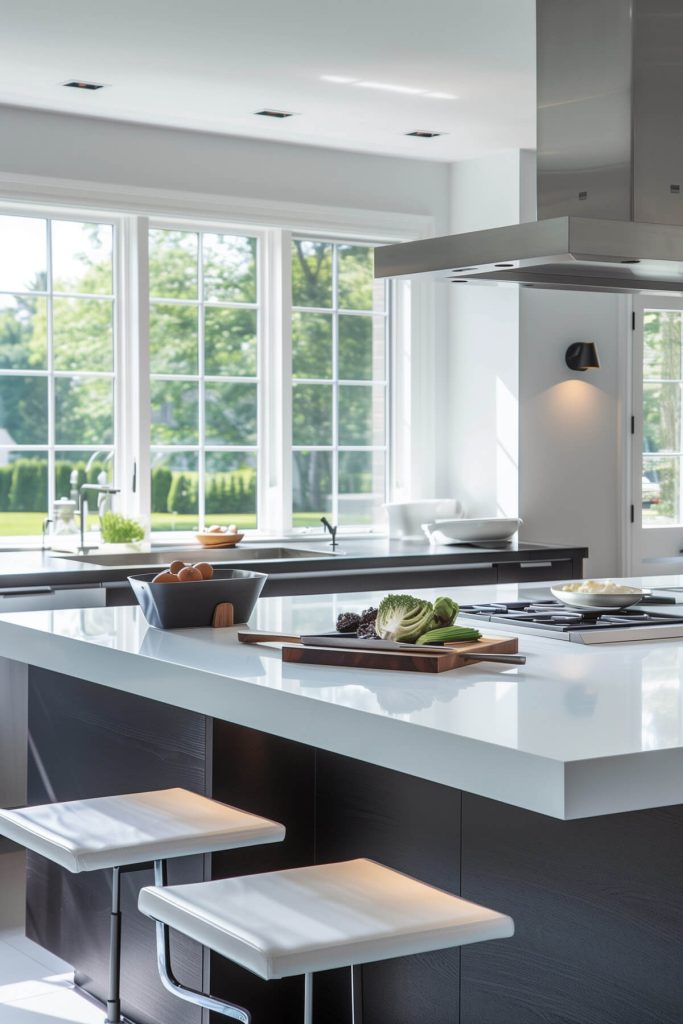 Kitchen island with integrated features for dining and storage.