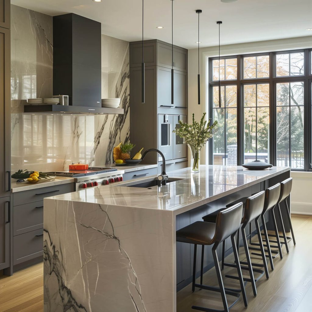 Kitchen island with integrated features for dining and storage.