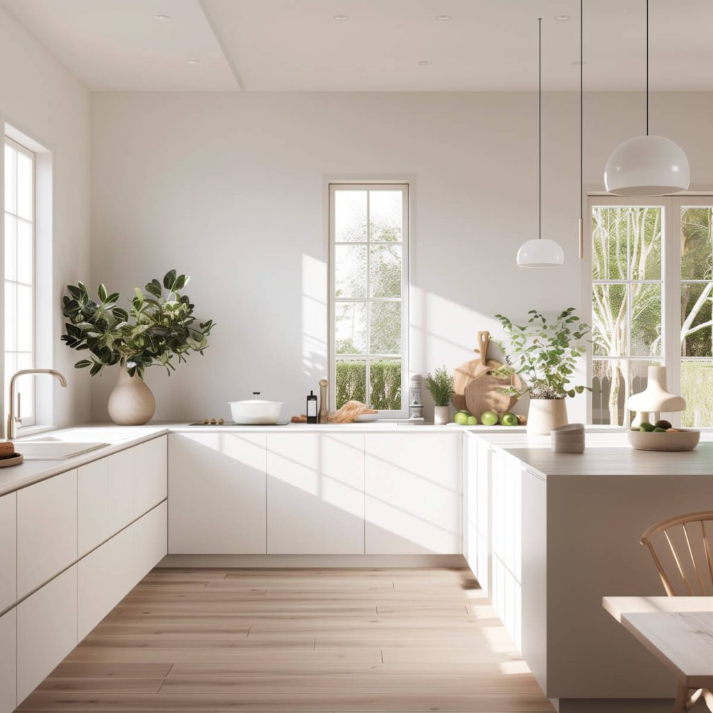 Scandinavian-inspired white kitchen cabinets with a minimalistic and clean design.
