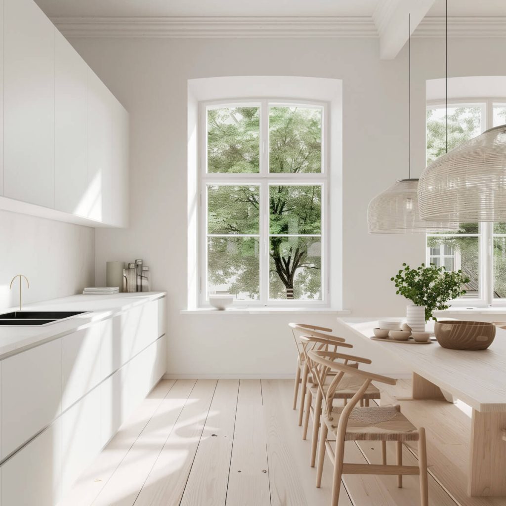 Scandinavian-inspired white kitchen cabinets with a minimalistic and clean design.