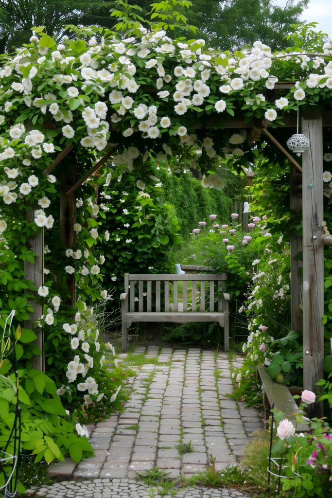 A living wall garden with climbing plants and a trellis.