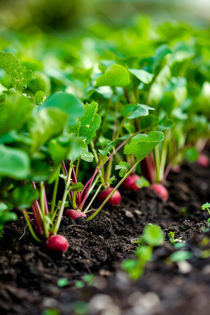 Radish plants with bright green tops and red roots peeking out from the soil, growing in a garden bed.