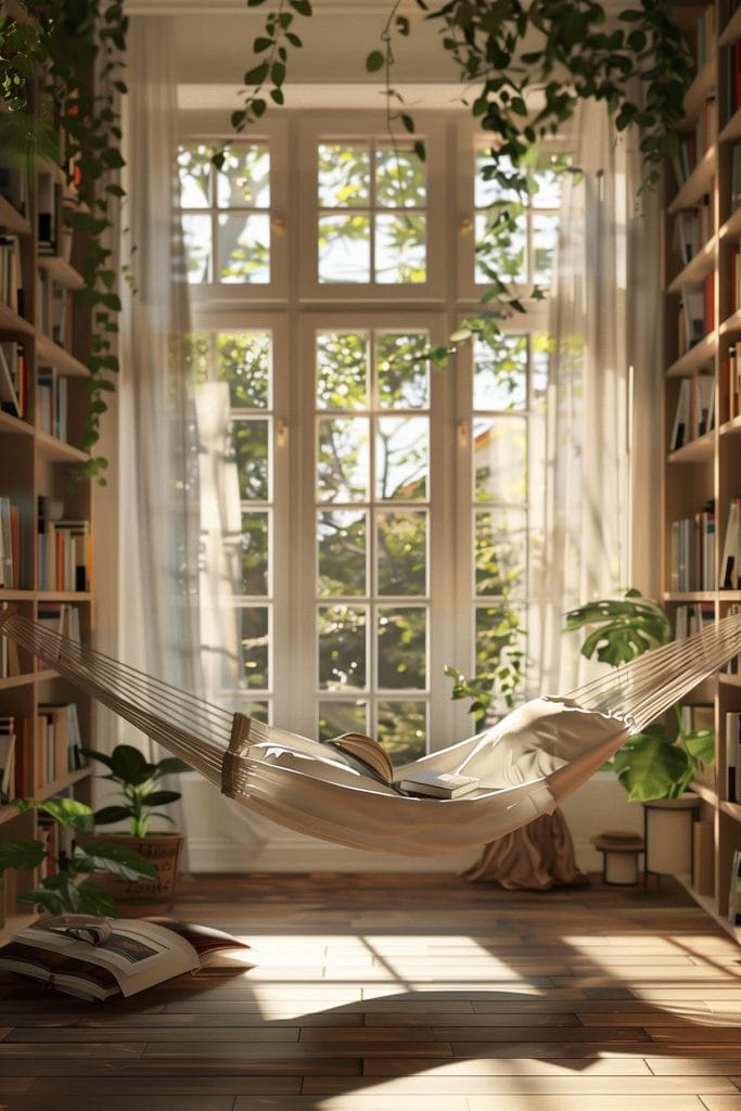 A fun and relaxing reading spot with a hammock surrounded by books in a whimsical library.