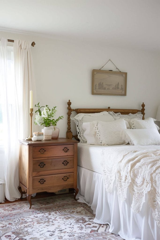 Lace doilies on dressers and nightstands adding delicate, vintage charm to a bedroom.