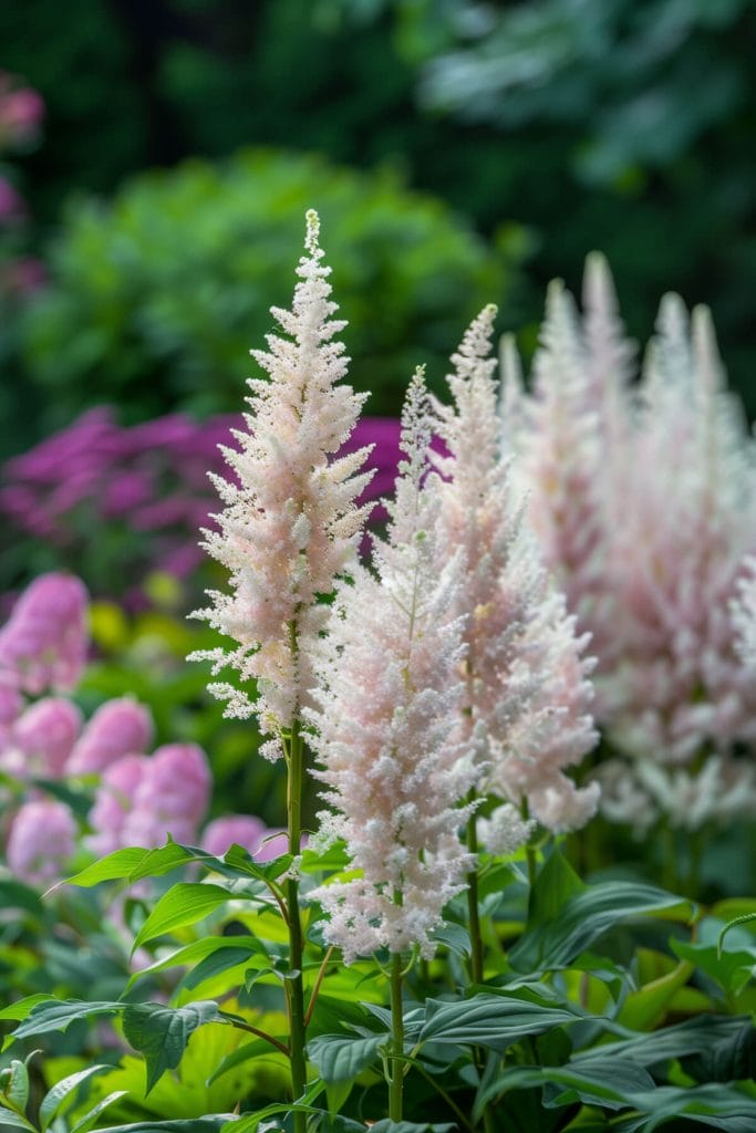 Feathery plumes of astilbe flowers in pink, and white, blooming in a shaded garden, adding texture and color.