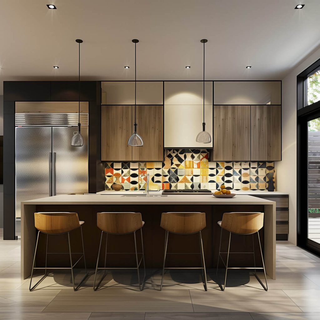 Kitchen backsplash with bold patterns and custom artwork.