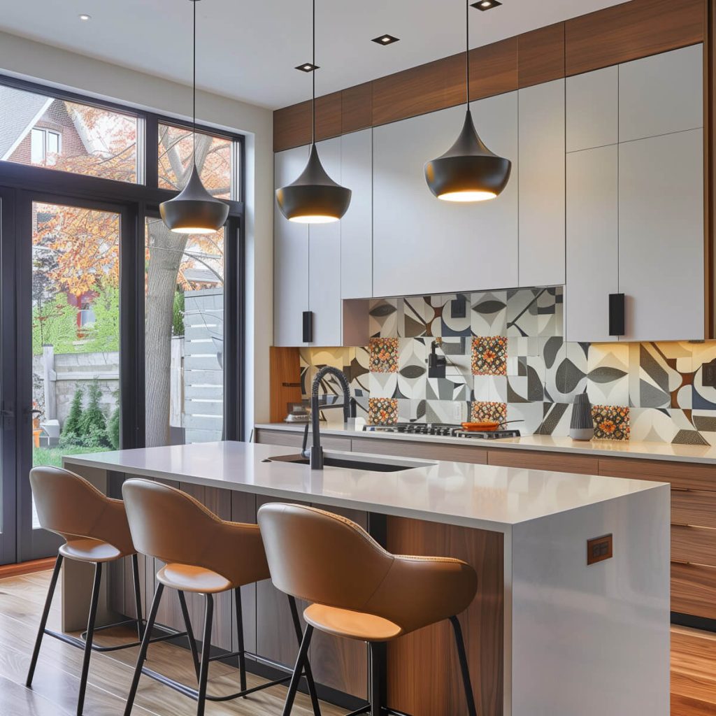 Kitchen backsplash with bold patterns and custom artwork.