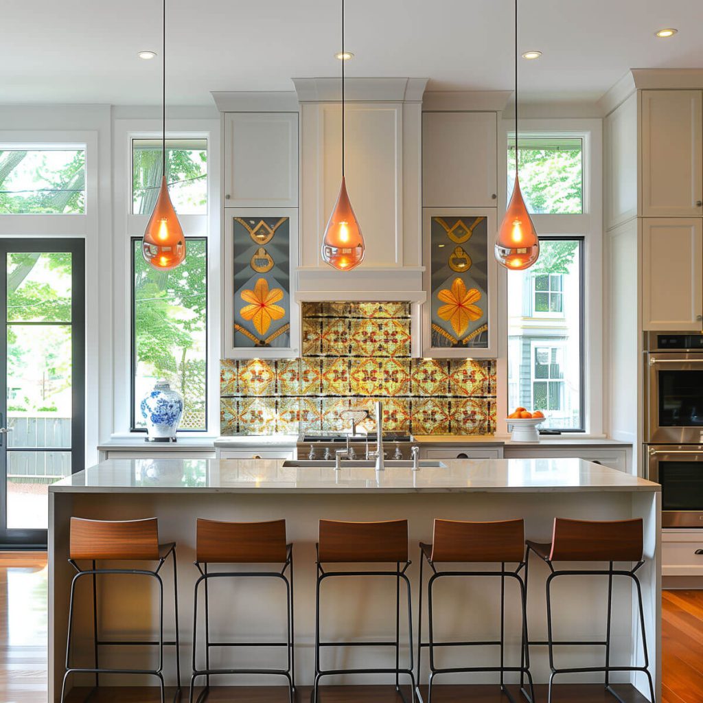 Kitchen backsplash with bold patterns and custom artwork.